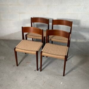 Set of four restored Poul Cadovius “Pia” dining chairs in teak with new papercord seats, Denmark, 1960s