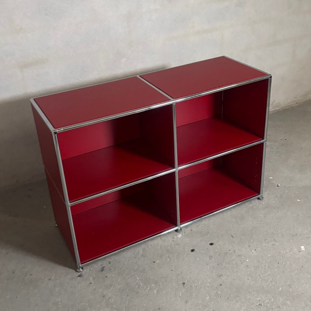 BOSSE modular lowboard with chrome steel frame and red lacquered panels, German Bauhaus design