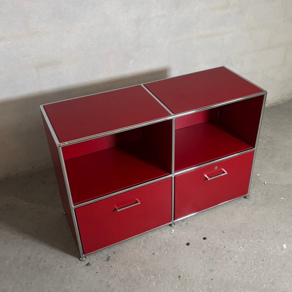 BOSSE modular lowboard with chrome steel frame and red lacquered panels, German Bauhaus design