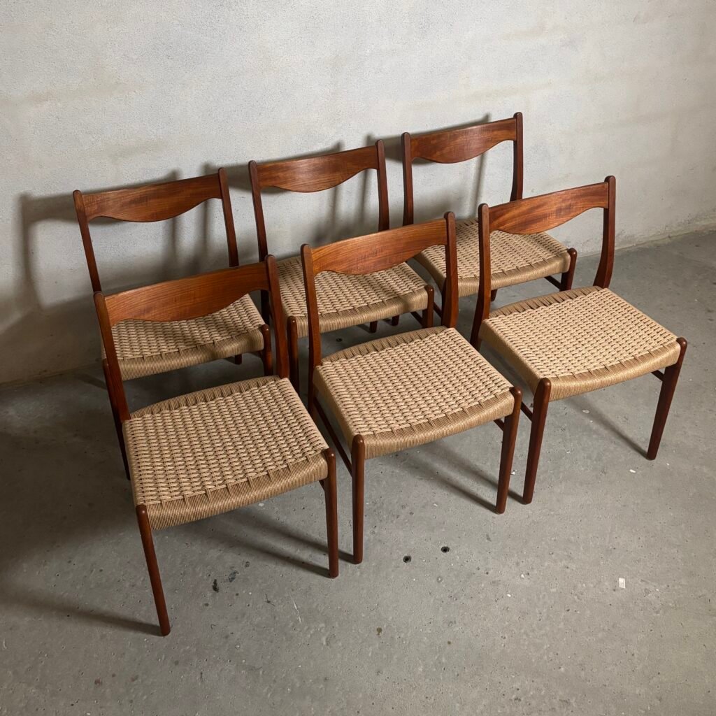 Set of six Arne Wahl Iversen GS60 dining chairs in teak with handwoven papercord seats, Denmark, 1960s