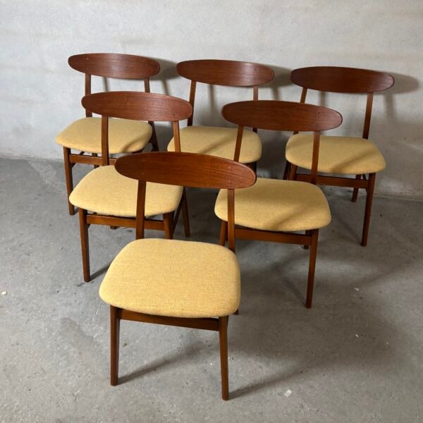 Set of six Farstrup Model 210 dining chairs with teak veneer backrests and beech frames, yellow Kvadrat wool upholstery