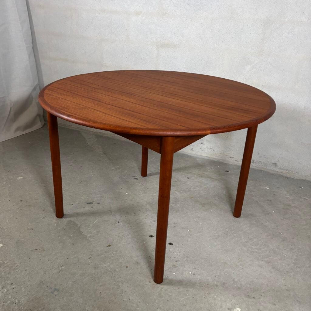 Round Extending Teak Dining Table Butterfly— Denmark, 1960s